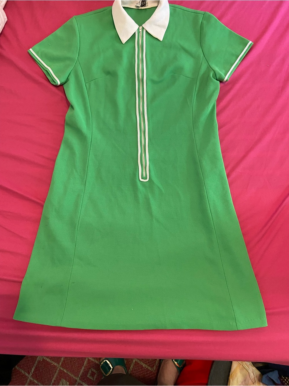 Green Polo-Style Short Sleeve Mini Dress with White Contrast Collar